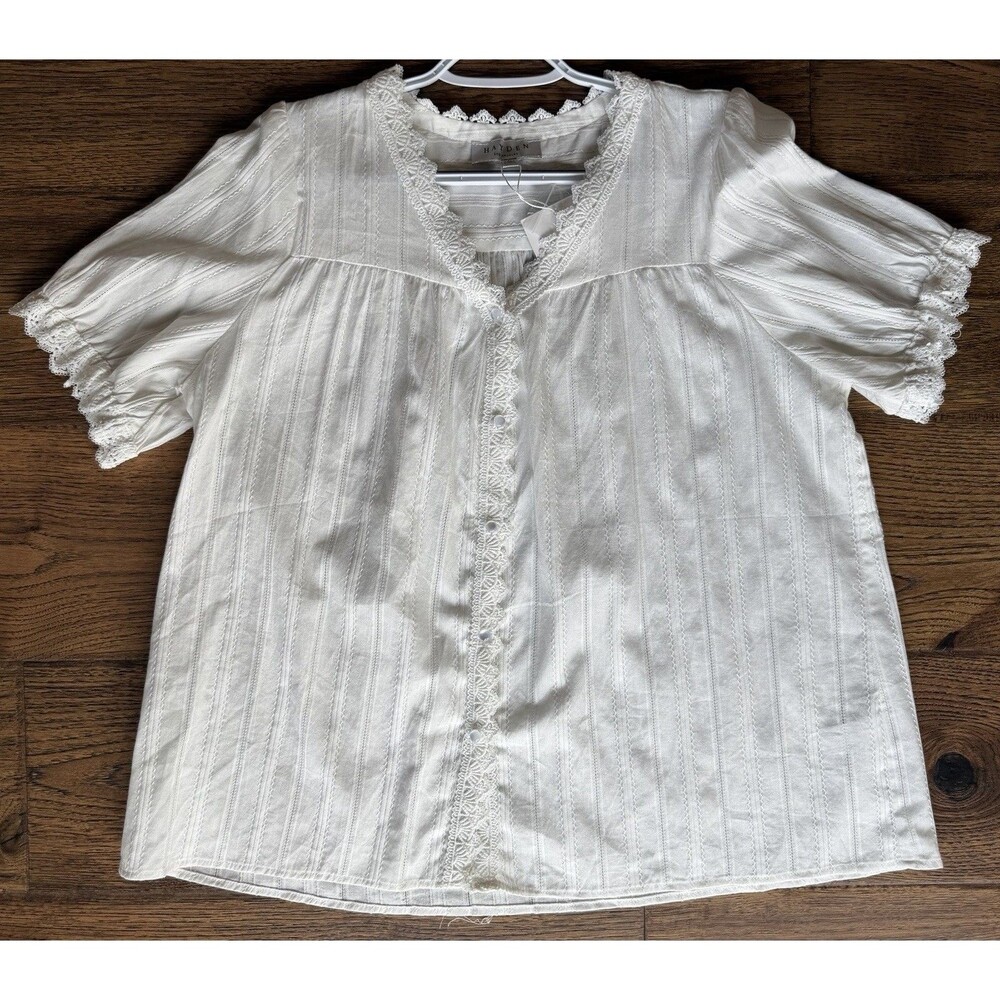 Hayden Los Angeles Blouse L White 100% Cotton Lace Trim Puff Sleeve Boho Top NWT